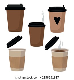 set of coffee cardboard cups in a flat style isolated on a white background. Suitable for coffee shops, cafes, restaurants, for illustrating breakfast.