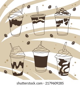 Set of coffee cocktails, drink with cream foam, delicious aroma of coffee, in a glass with whipped cream, sketch in doodle style