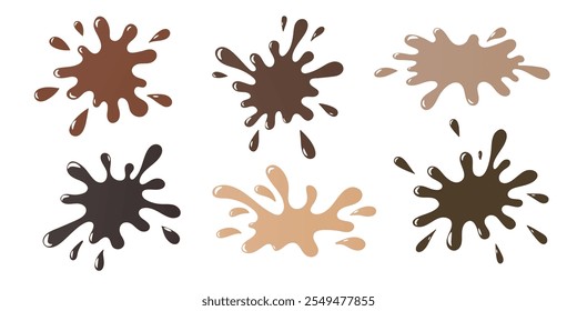 Set of coffee, cocoa or hot chocolate melted splashes and drops isolated on white. Flat design element. Vector illustration.