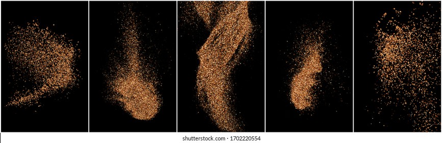 Set of Coffee Color Grain Texture Isolated on Black Background. Chocolate Shades Confetti. Brown Particles. Digitally Generated Image. Vector Illustration, EPS 10.