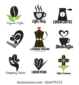 Set of coffee company logo. Design for cafe, organic product. Element for business identity. Icons and symbols collection, including beans, coffeepot, cup. Modern flat silhouette style labels.