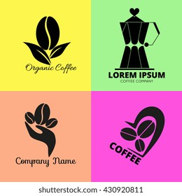 Set of coffee company logo. Design for cafe, organic product. Element for business identity. Icons and symbols collection, including beans, coffeepot, cup. Modern flat silhouette style labels.
