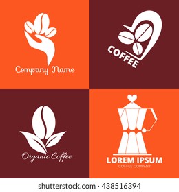 Set of coffee company logo. Design for cafe, organic product. Element for business identity. Icons and symbols collection, including beans, coffeepot, cup. Modern flat silhouette style labels.