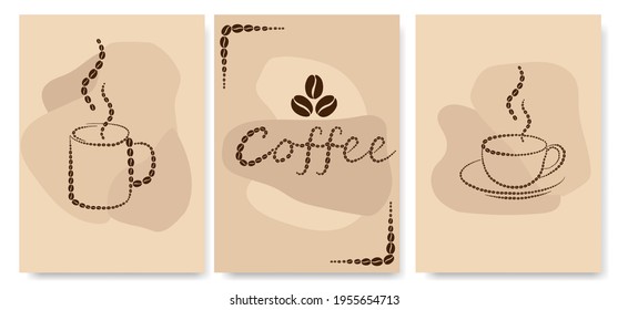 Set of coffee composition with Coffee beans in minimalist style. Design template for branding shop or cafe invitation, business card, menu page, banner, flyer. Vector illustration.