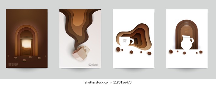 Set of coffee composition in minimalistic paper cut style. Design template for branding shop or cafe invitation, business card, menu page, banner, flyer. Vector illustration.