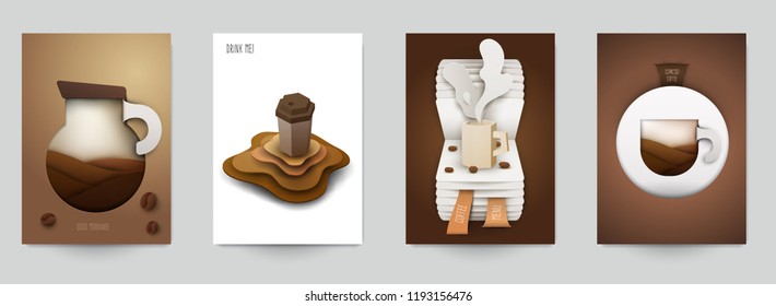 Conjunto de composición de café en estilo minimalista de corte de papel. Plantilla de diseño para la invitación a tienda o cafetería, tarjeta de presentación, página de menú, banner, volante. Ilustración vectorial.