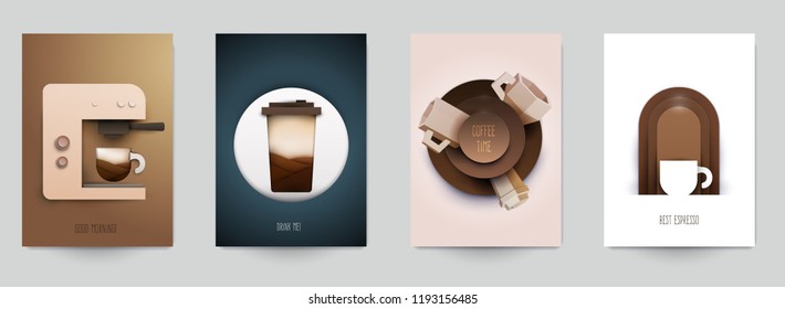 Set of coffee composition in minimalistic paper cut style. Design template for branding shop or cafe invitation, business card, menu page, banner, flyer. Vector illustration.