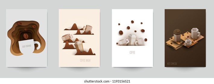 Set of coffee composition in minimalistic paper cut style. Design template for branding shop or cafe invitation, business card, menu page, banner, flyer. Vector illustration.