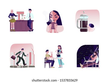 Set of coffee concept. Pot and mug, coffeemachine and drinking people in cafe isolated on white background. Flat Art Vector illustration