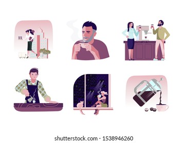 Set of coffee concept. Pot and mug, coffeemachine and drinking people in cafe isolated on white background. Flat Art Vector illustration