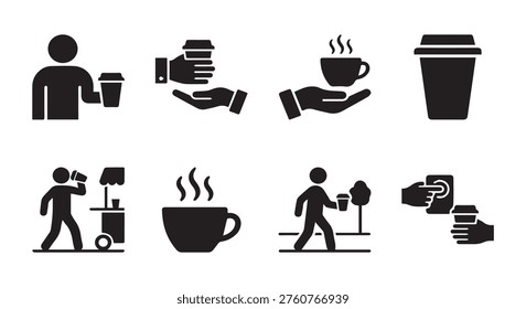Set of coffee consumption icons featuring people holding hot cups and mugs