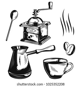 Set of coffee for creating your own badges, logos, labels, posters etc. Isolated on white.