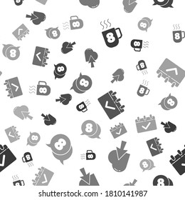 Set Coffee cup with 8 March, Heart and cursor click, Calendar with 8 March and 8 March in speech bubble on seamless pattern. Vector