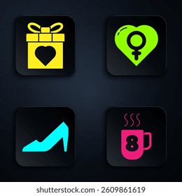 Set Coffee cup with 8 March, Gift box and heart, Woman shoe and Female gender in heart. Black square button. Vector