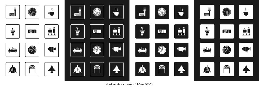 Set Coffee cup, Airline ticket, Radar, Airport control tower, conveyor belt with suitcase, Compass, Airship and luggage towing truck icon. Vector