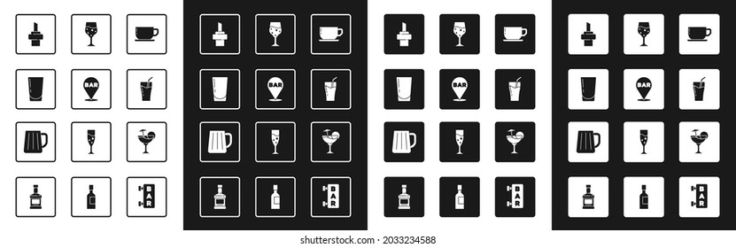 Set Coffee cup, Alcohol bar location, Glass with water, Wooden cork for wine, juice, champagne, Cocktail and beer mug icon. Vector