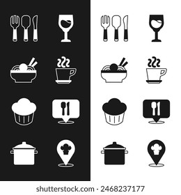 Set Taza de café, fideos asiáticos en tazón, Tenedor, cuchara y cuchillo, Vaso de vino, Cupcake, Cafetería ubicación del restaurante, Sombrero de chef con y icono de olla de cocina. Vector