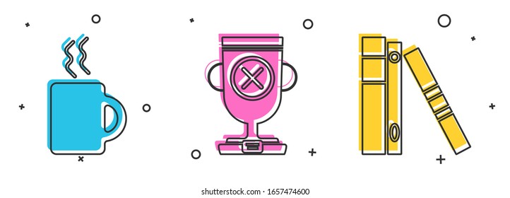 Set Coffee cup, Award cup and Office folders with papers and documents icon. Vector