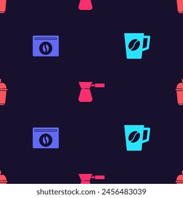 Set Coffee cup, Bag coffee beans, turk and to go on seamless pattern. Vector