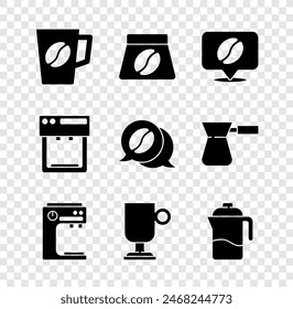 Set Coffee cup, Bag coffee beans, Location with, machine, Irish, French press,  and and conversation icon. Vector