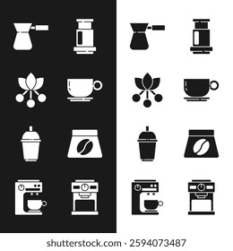 Set Coffee cup, bean, branch, turk, Aeropress coffee, to go, Bag beans, machine and  icon. Vector