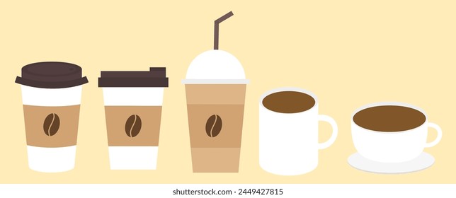 Set of coffee cup and beans.Menu for cafe or restaurant.Drinks or beverage.Espresso, americano, latte and cappuccino.Sign, symbol, icon or logo isolated.Flat design.Cartoon vector illustration.