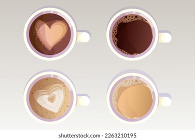 Set Coffee cup, beverage with caffeine, cappuccino in mug top view collection in cartoon style isolated on white background. 