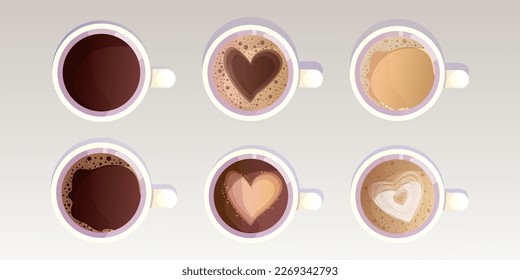 Set Coffee cup, beverage with caffeine, cappuccino in mug top view collection in cartoon style isolated on white background. 