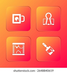 Set Coffee cup, Binder clip, 3D printer and Paint brush icon. Vector