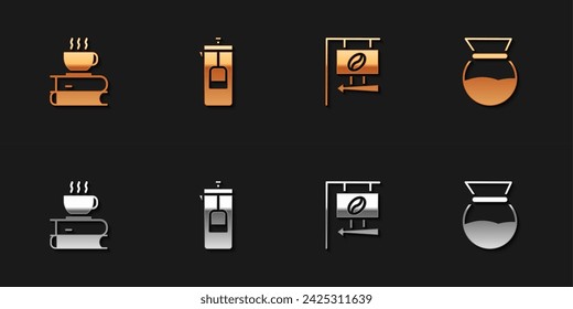 Set Coffee cup and book, French press, Street signboard coffee and Pour over maker icon. Vector