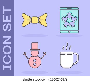 Ponga la copa del café, la corbata de vaca, el muñeco de nieve de Navidad y la Navidad en el smartphone y el icono del copo de nieve. Vector