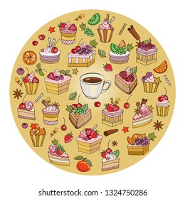 Set of coffee cup, cakes, fruit, berries and sweets. Vector illustration, round yellow background.