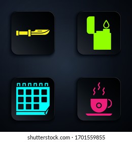 Coloque el vaso de café, el cuchillo de camping, el calendario y el encendedor. Botón cuadrado negro. Vector