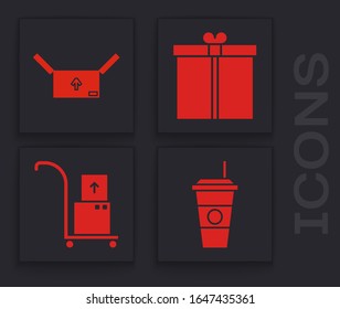 Set Coffee cup , Cardboard box with traffic symbol , Gift box  and Hand truck and boxes  icon. Vector