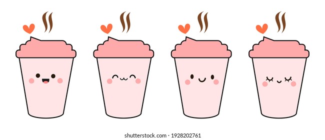 Set of coffee cup cartoons with hearts on white background vector illustration.