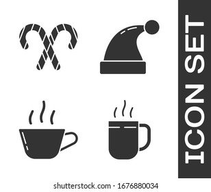 Set Coffee cup, Christmas candy cane with stripes, Coffee cup and Christmas Santa Claus hat icon. Vector