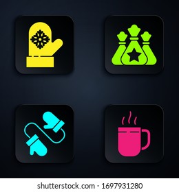 Set Coffee cup, Christmas mitten, Pair of knitted christmas mittens and Santa Claus bag gift. Black square button. Vector