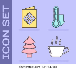 Set Coffee cup, Christmas postcard, Christmas tree and Meteorology thermometer measuring icon. Vector