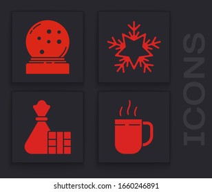 Set Coffee cup, Christmas snow globe with fallen snow, Snowflake and Gift box and bag icon. Vector