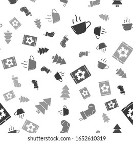 Set Coffee cup, Christmas stocking, Christmas on smartphone and snowflake and Christmas tree on seamless pattern. Vector