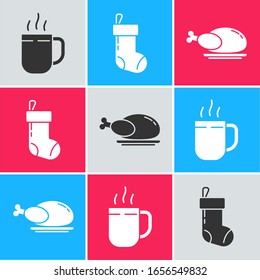 Set Coffee cup, Christmas stocking and Roasted turkey or chicken icon. Vector