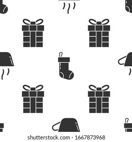 Set Coffee cup, Christmas stocking and Gift box on seamless pattern. Vector