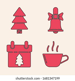 Ponga la taza de café, el árbol de Navidad, la campana de sonido de Navidad y el icono del calendario. Vector