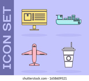 Set Coffee cup , Computer monitor with app delivery tracking , Plane  and Cargo ship with boxes delivery service  icon. Vector