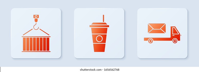 Colocar el café , Contenedor en grúa y coche postventa . Botón cuadrado blanco. Vector
