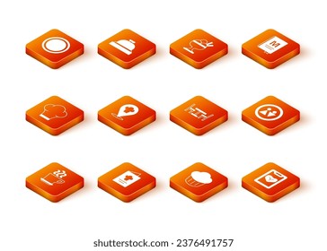 Set Coffee cup, Cookbook, Chef hat, with location, Cupcake, Wooden table chair, Restaurant cafe menu and Toilet icon. Vector