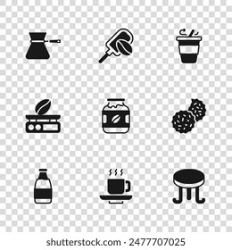 Set Coffee cup, Cookie or biscuit, table, jar bottle, to go, turk, Spatula with coffee grain and Electronic scales icon. Vector