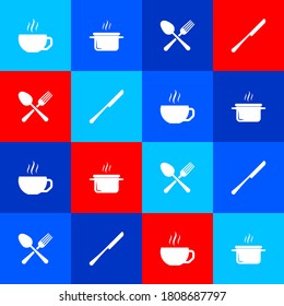 Set Coffee cup, Cooking pot, Crossed fork and spoon and Knife icon. Vector.