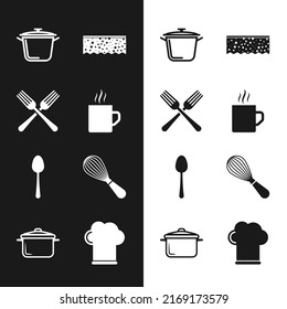 Set Coffee cup, Crossed fork, Cooking pot, Sponge with bubbles, Spoon, Kitchen whisk, Chef hat and  icon. Vector