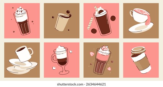 Set of coffee cup cute posters, banners, different tipes of drinks